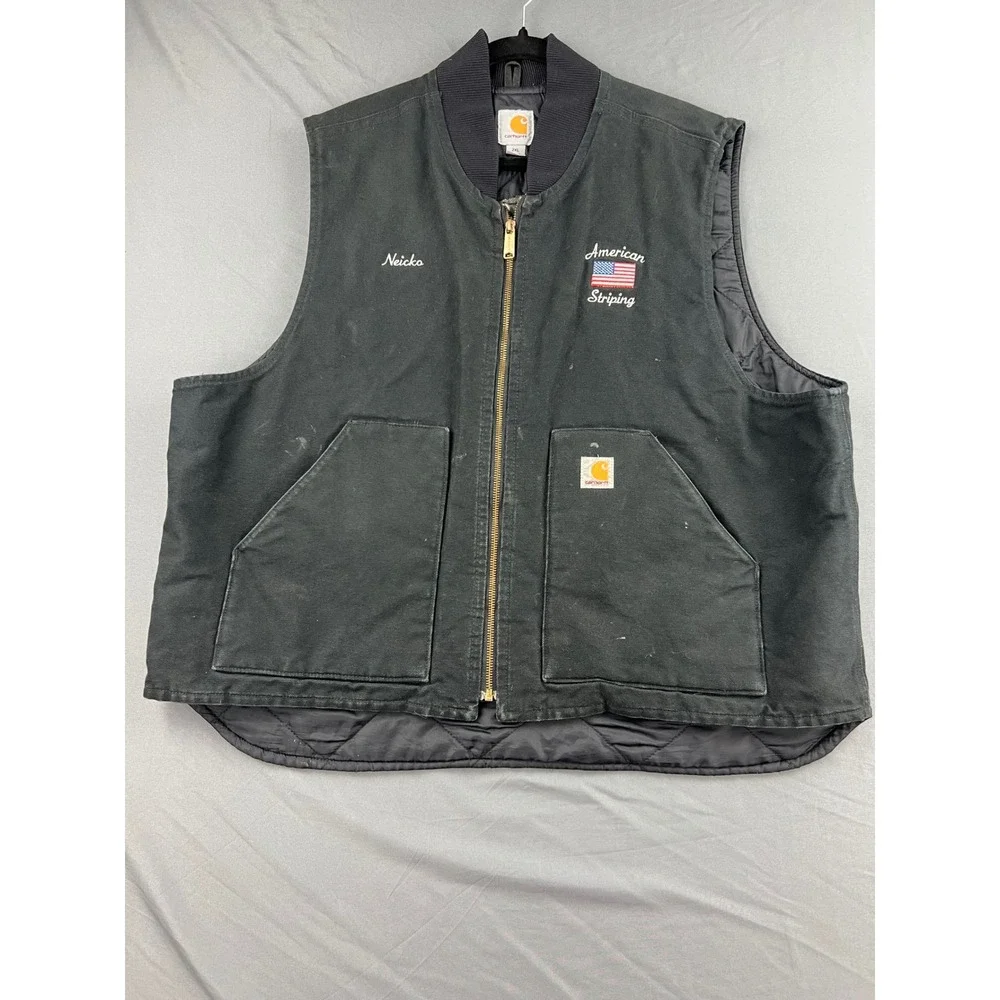 Carhartt V01 Duck Vest Mens 2XL Regular Black Quilt Lined Workwear Graphic Good